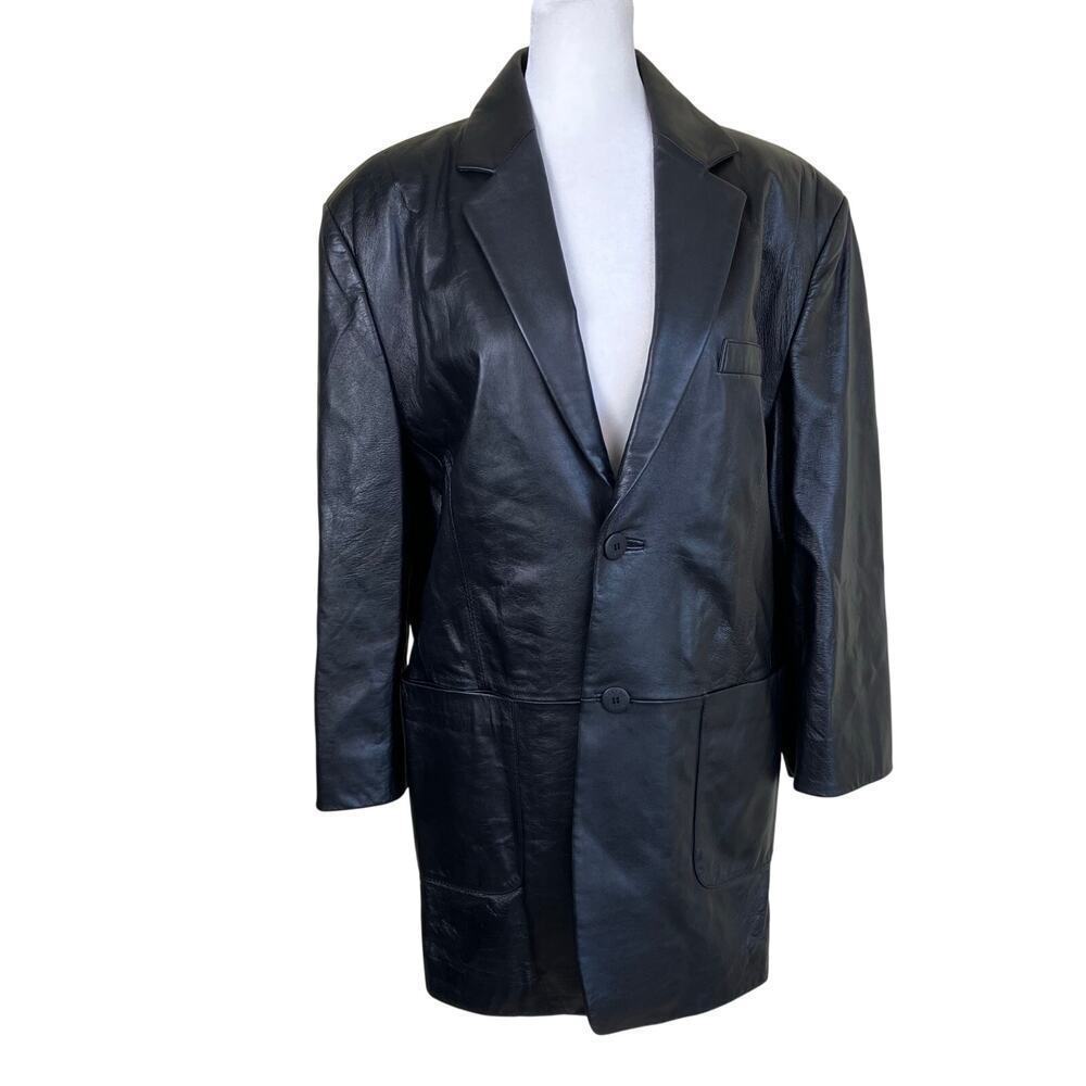 Caruso Vintage 90s Black Leather Blazer Jacket Single Breasted Retro Grunge